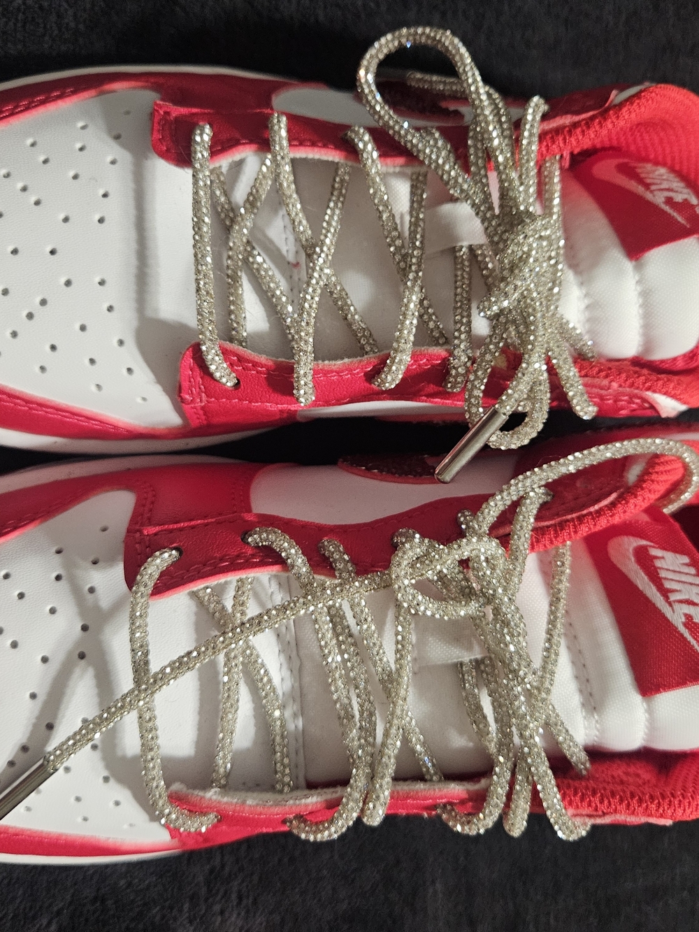 Nike Red and White Dunks Sneakers with Sparkle Laces NBW Sz 6.5